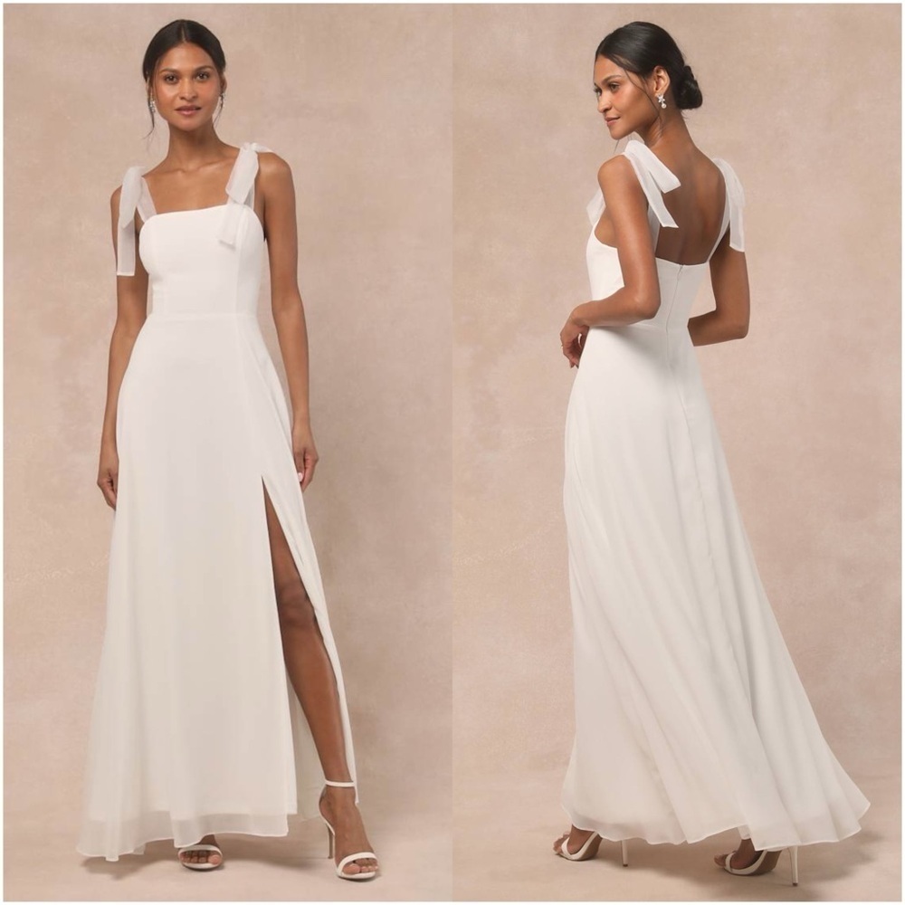 LULU’S Radiant Romance White Tie-Strap Maxi Dress